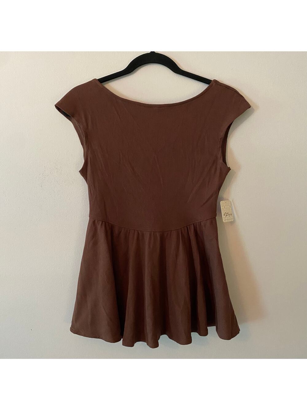 NWT Free People Chocolate Brown Ribbed Blouse Cap Sleeve Peplum Women size Small